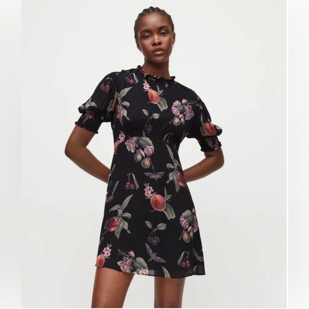 AllSaints Lavine Soleil Dark Floral Print Mini Dress High Neck Open Back Size 10